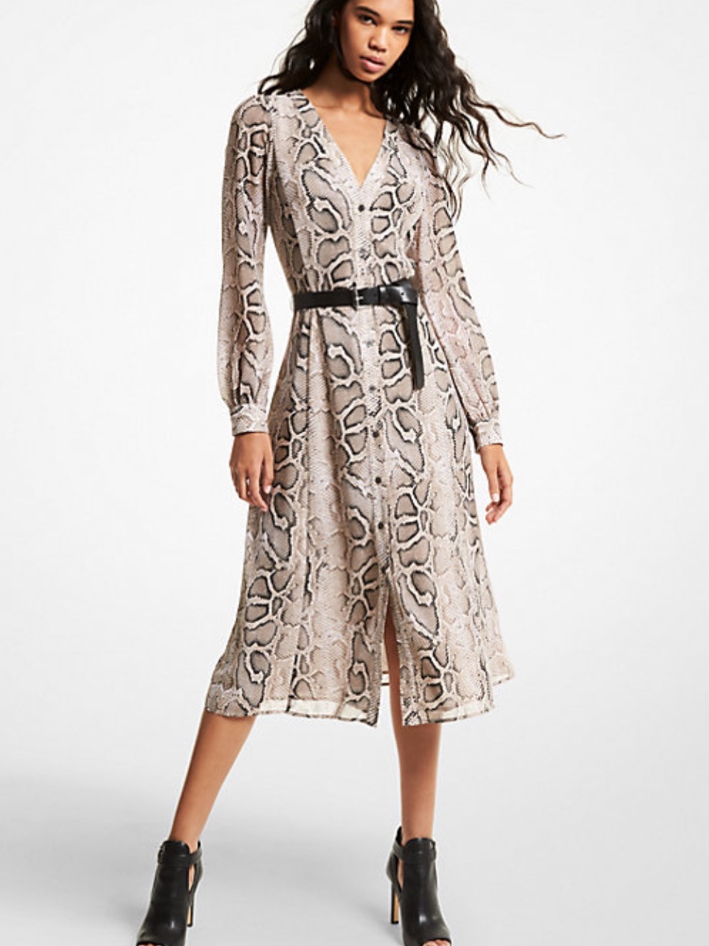 Kate Belted Snake-Print Crepe Midi Dress